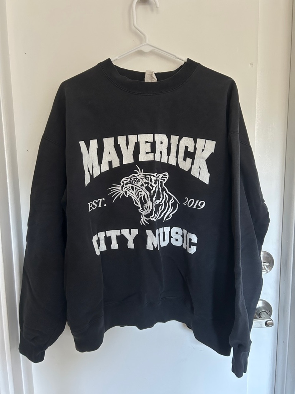 Hanes Cotton Black Crewneck Sweatshirt with White Maverick Graphic